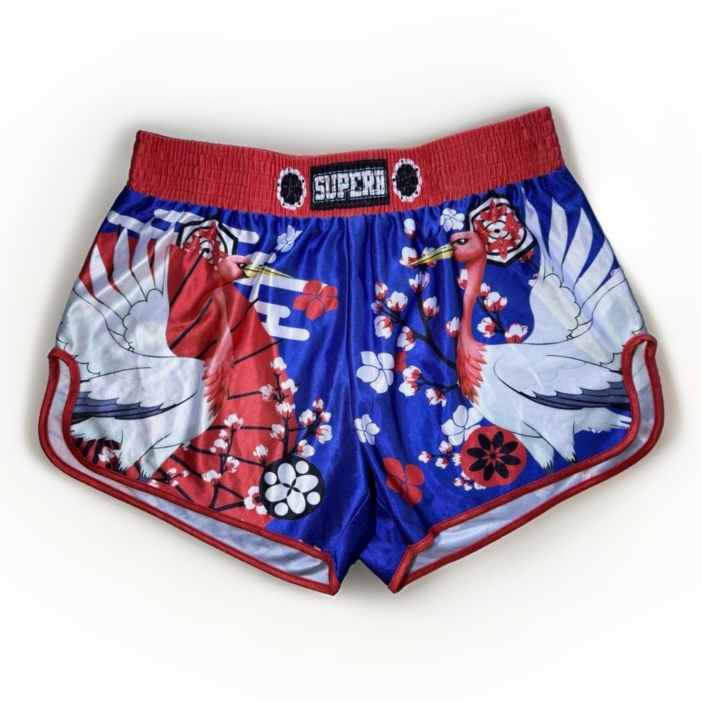 ROMWE Men's XXL US 44 Blue Red Crane Floral Athletic Muay Thai Shorts